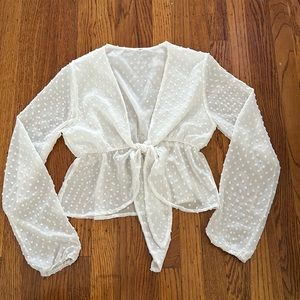 Long sleeve see through white front tie crop top